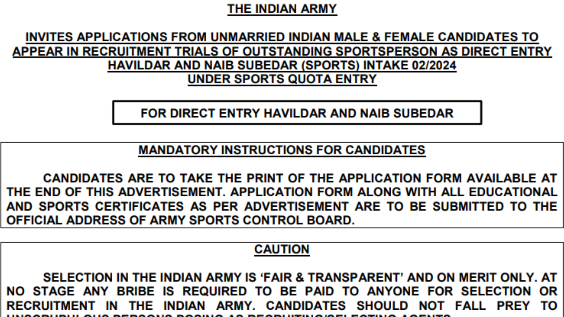 Army Sports Quota Recruitment 2024 Notification and Offline Form for Havaldar, Naib Subedar