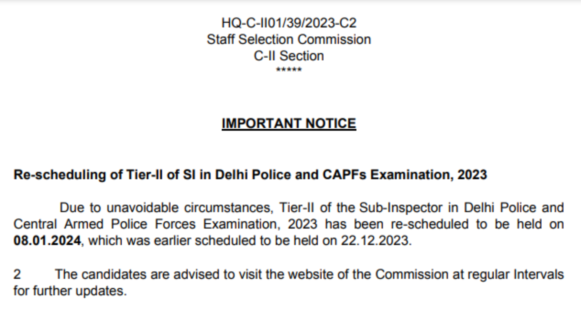 SSC CPO SI 2023 Paper II Exam Date Released