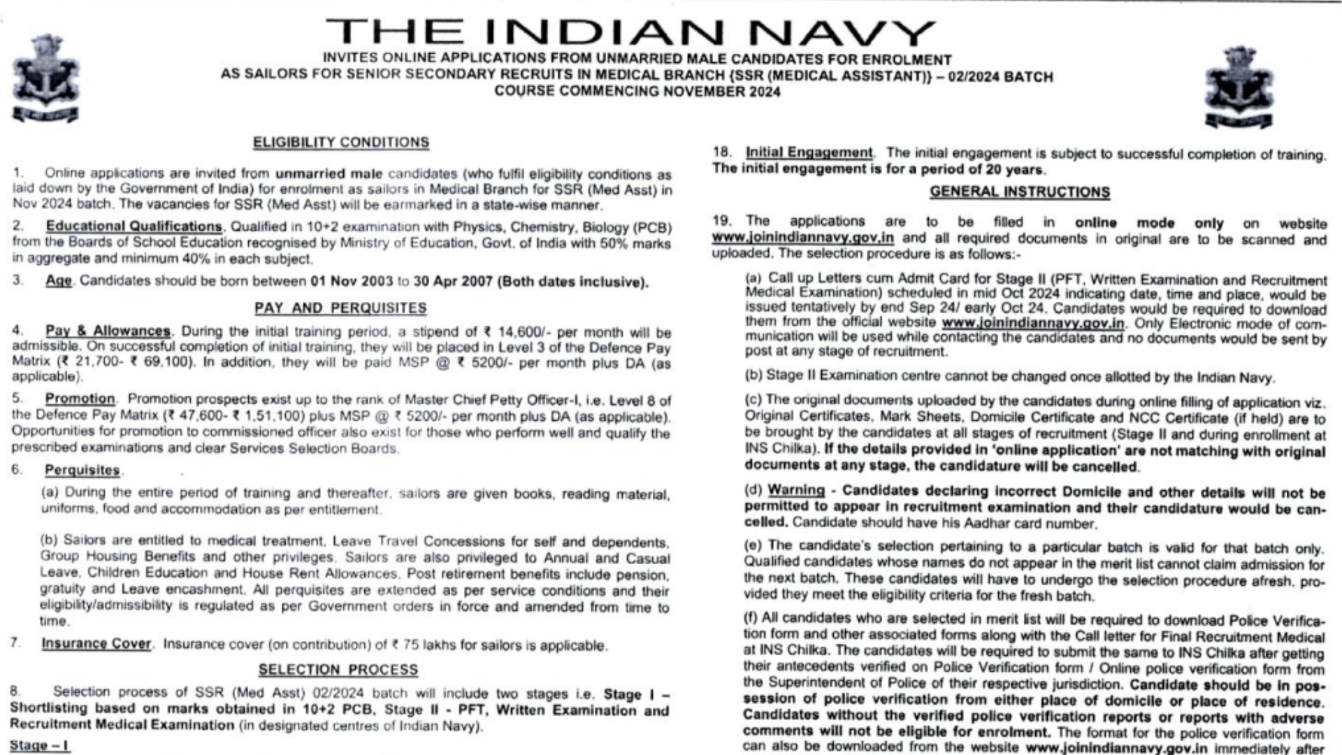 Indian Navy SSR Medical Assistant Recruitment 2024 Notification and Online Application Form