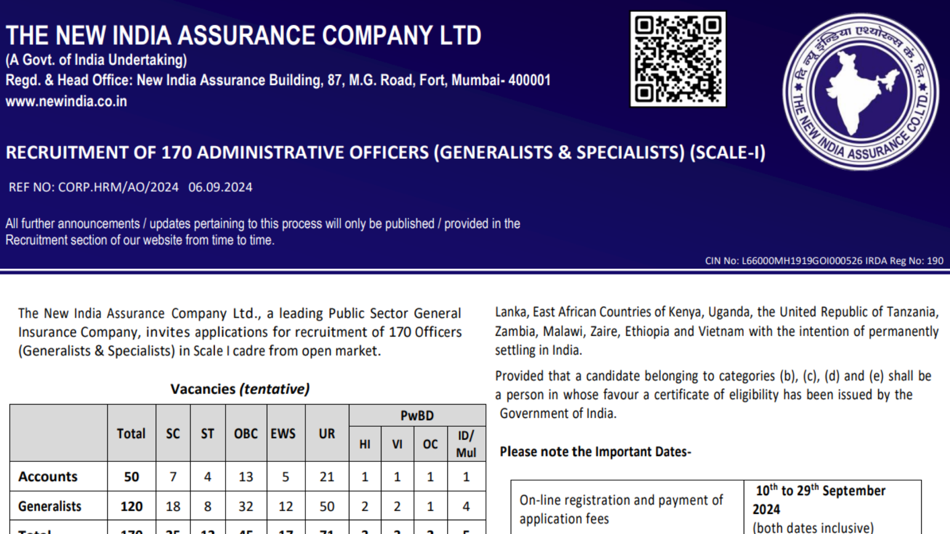 NIACL AO Recruitment 2024 Notification OUT for 170 Posts, Apply Online at New India Assurance