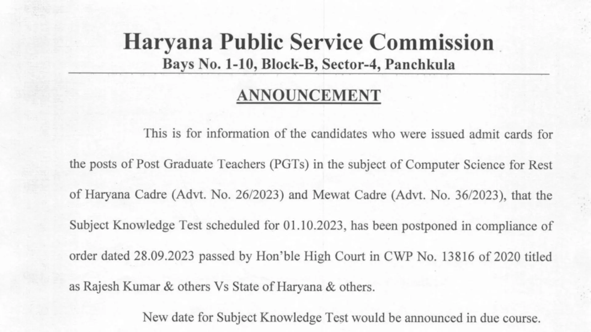 HPSC PGT Exam Postponed For few subjects, Check official notice and new exam dates