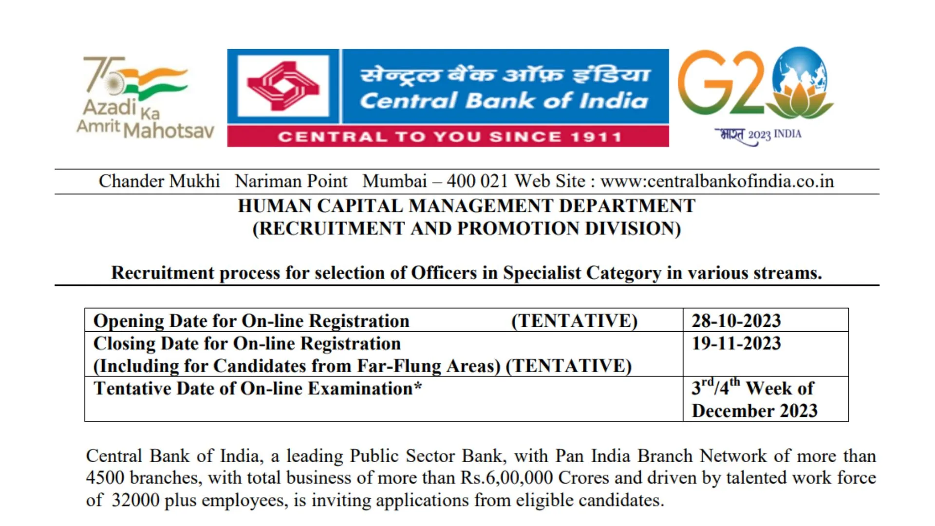 Central Bank of India SO Recruitment 2023 Notification Out, Apply Online