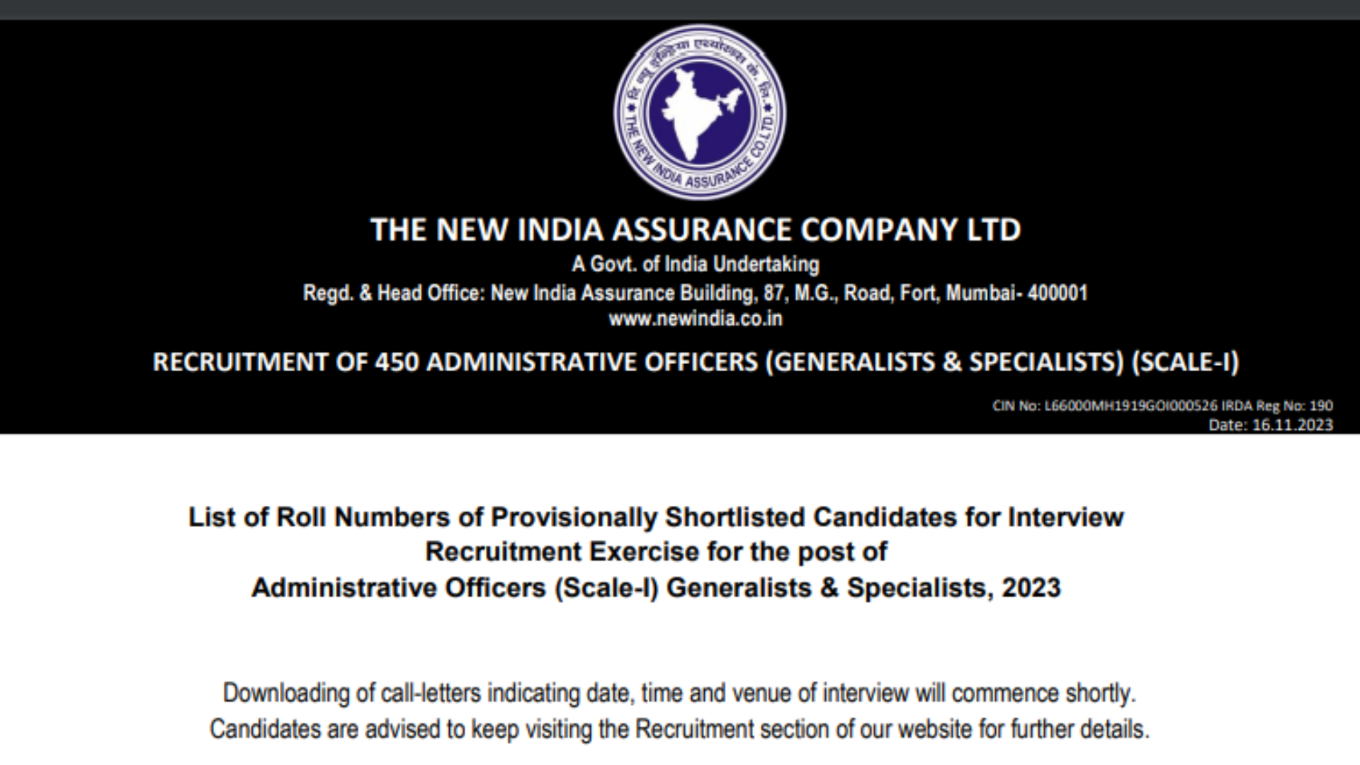 New India Assurance Company Ltd NIACL Recruitment 2023 Interview Letter Administrative Officer (AO) 450 Post