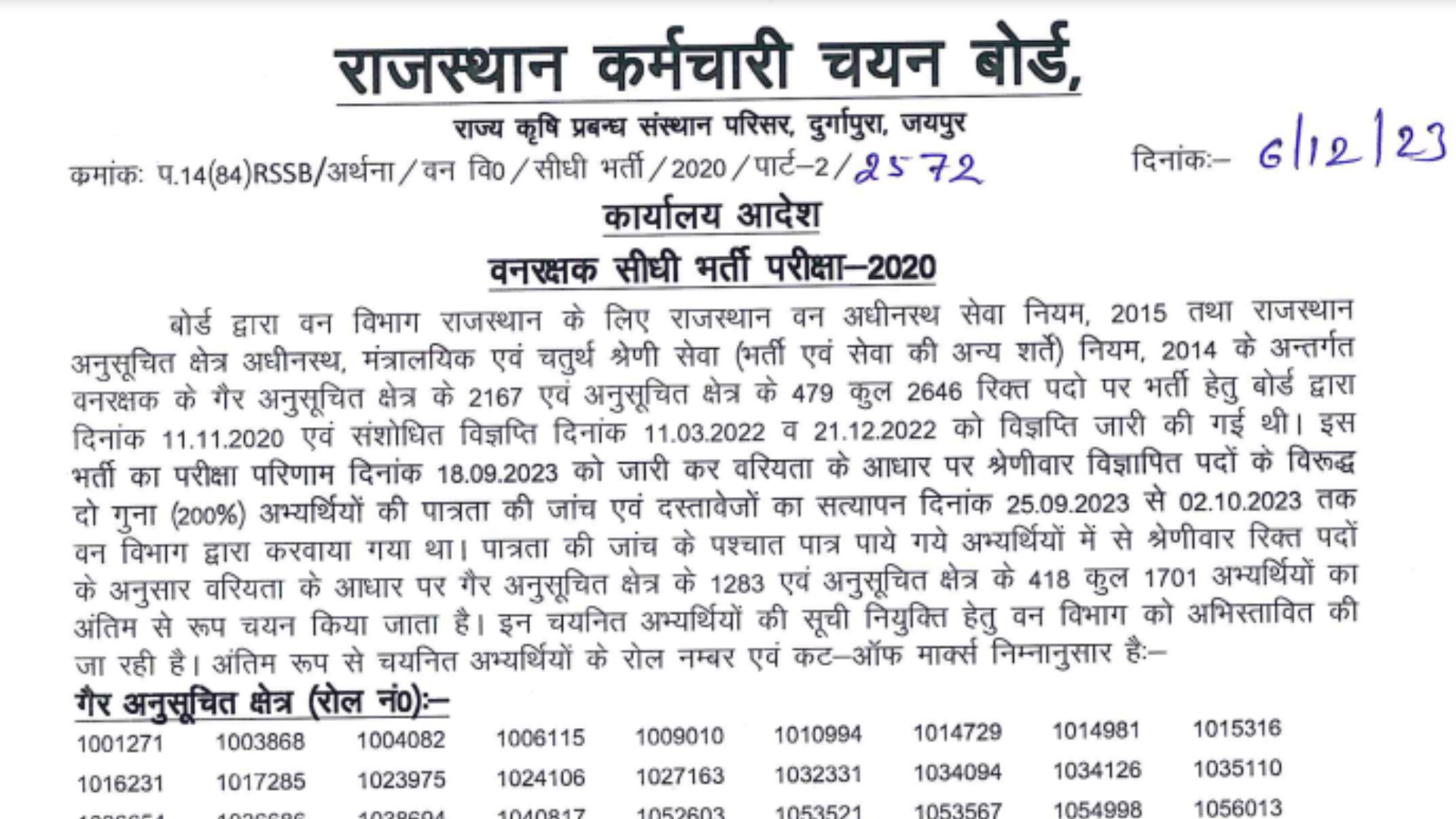 Rajasthan RSMSSB Forester and Forest Guard Recruitment 2020 Final Result 2023