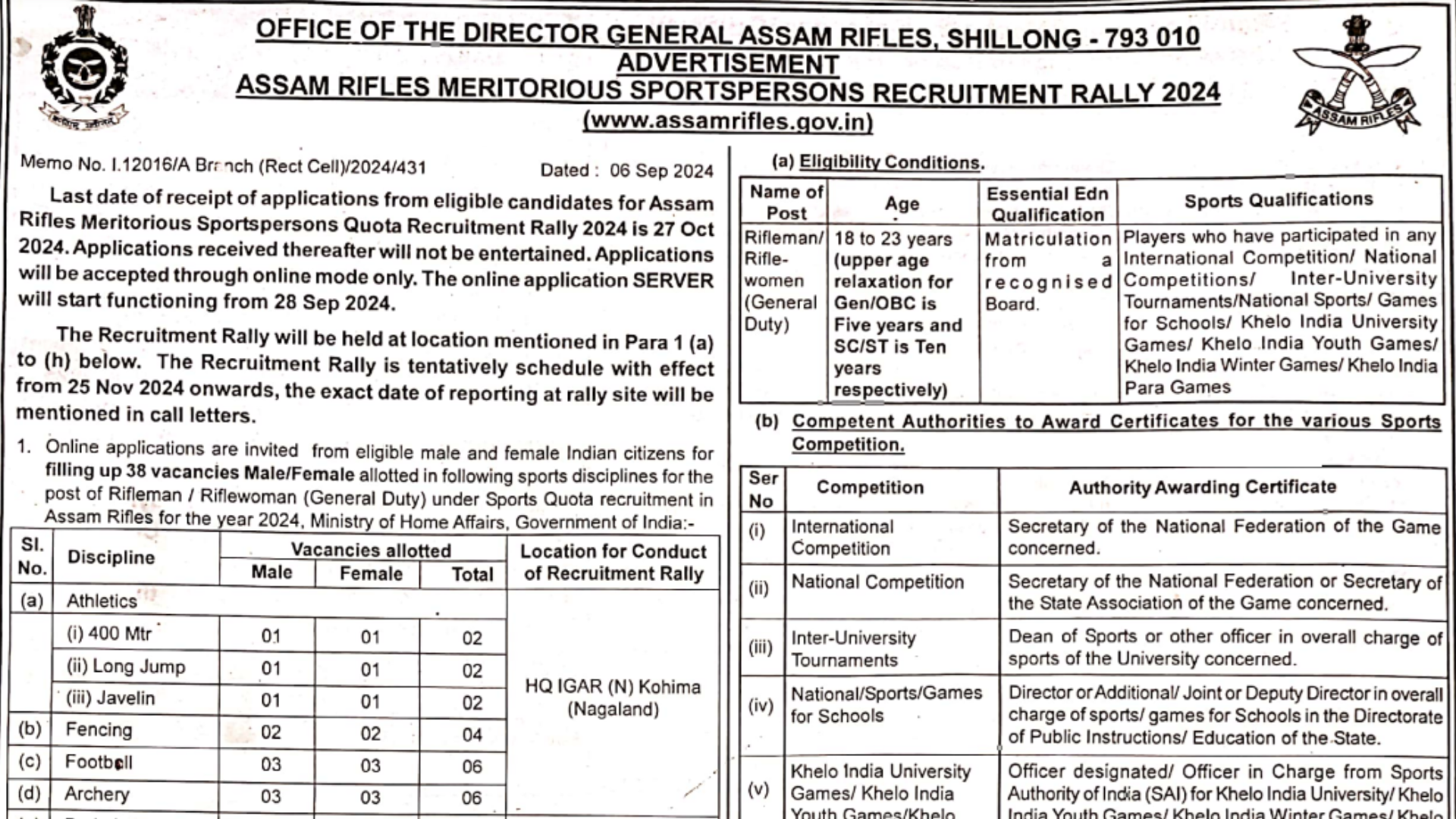 Assam Rifles Sports Quota Recruitment 2024 Notification and Online Application Form