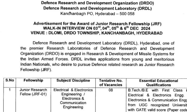 DRDO-DRDL Recruitment 2024: Apply Now for Junior Research Fellow Post