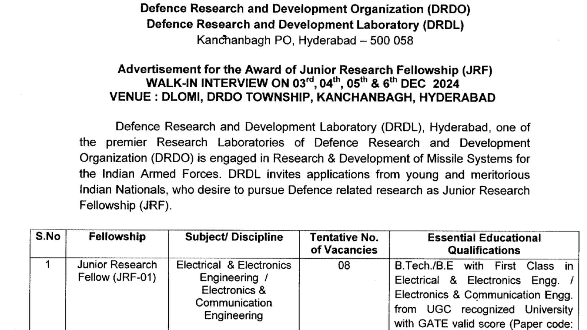 DRDO-DRDL Recruitment 2024: Apply Now for Junior Research Fellow Post