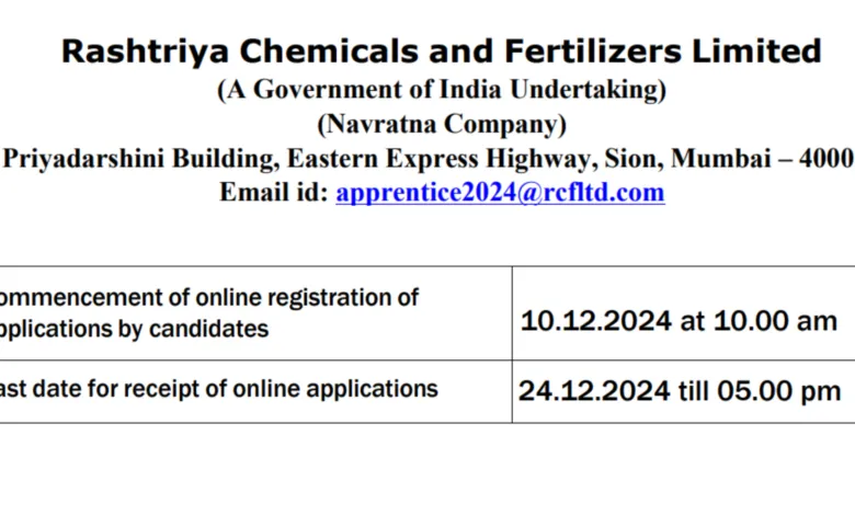 RCFL Recruitment 2024 Apply Online for 378 Graduate, Technician and Trade Apprentice Posts