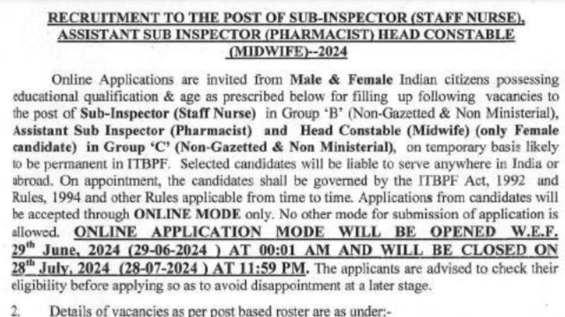 ITBP Paramedical Staff Recruitment 2024 Notification Out, Apply Online