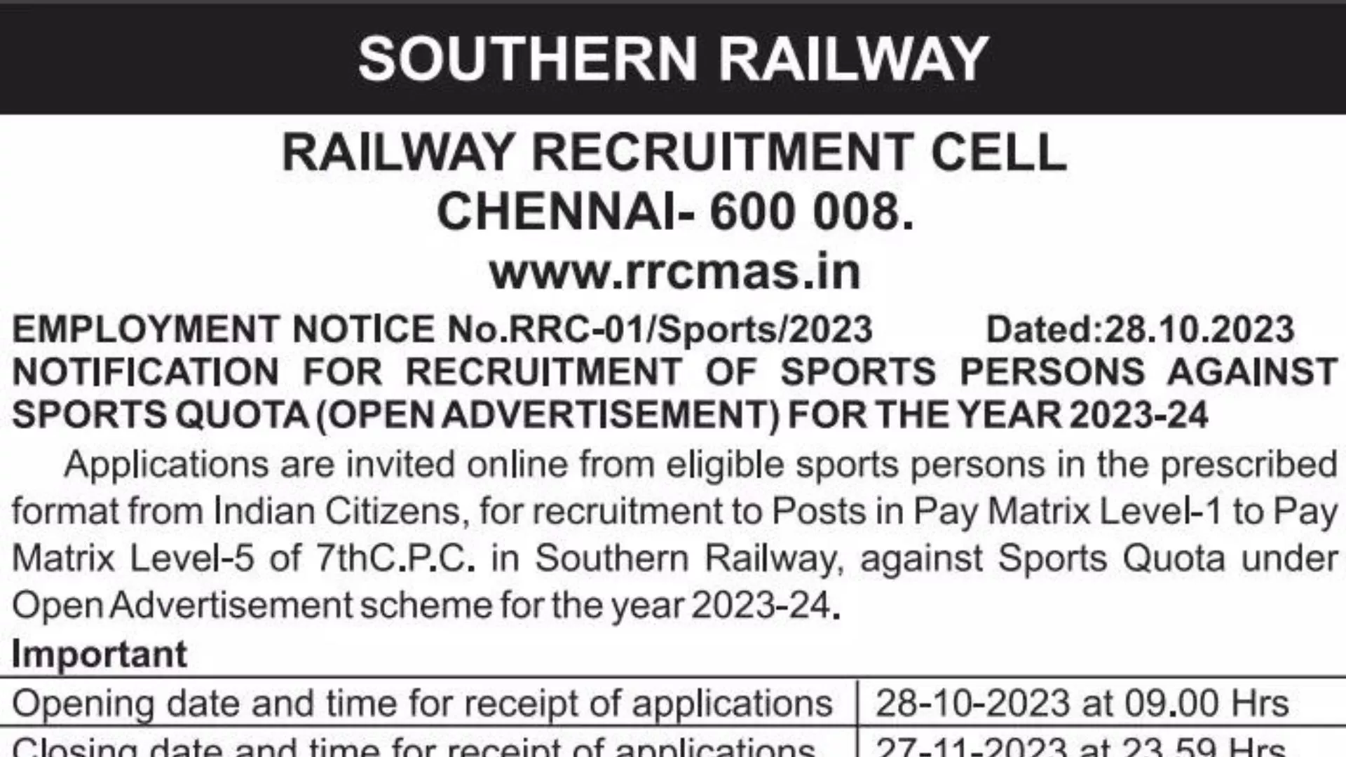 Railway New Vacancy Released RRC SR Sports Quota Recruitment 2023 Notification, Apply Online