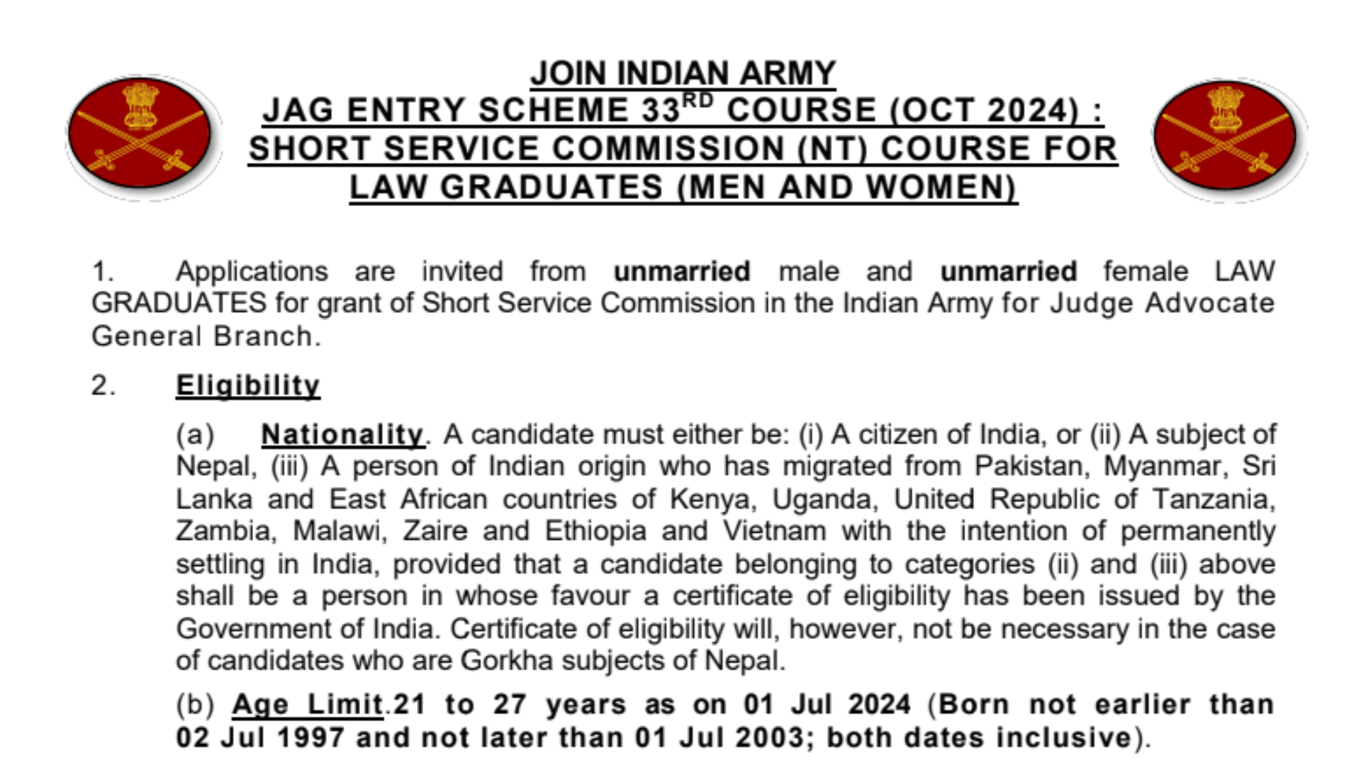 Indian Army JAG 33 Recruitment Notification For 8 Posts, Check Apply Online Link