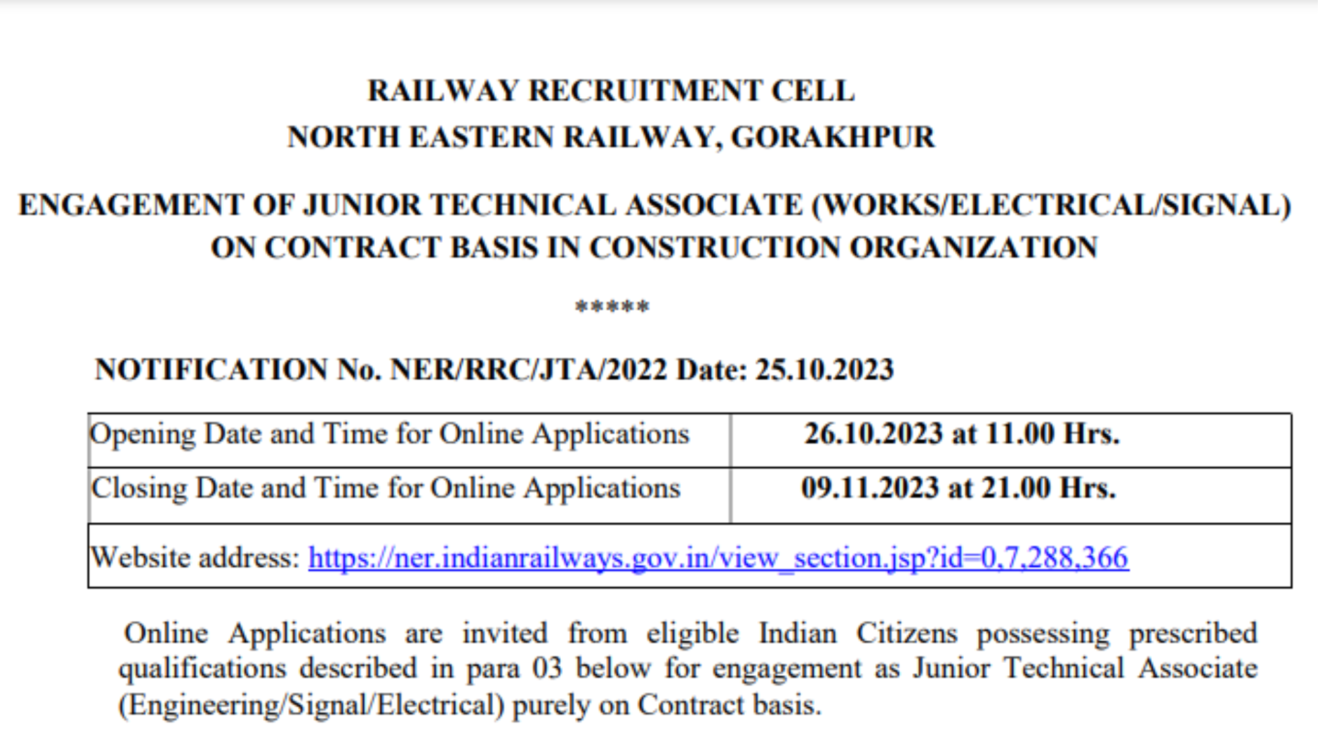 Indian Railway NER RRC Gorakhpur Junior Technical Associate JTA Recruitment 2023