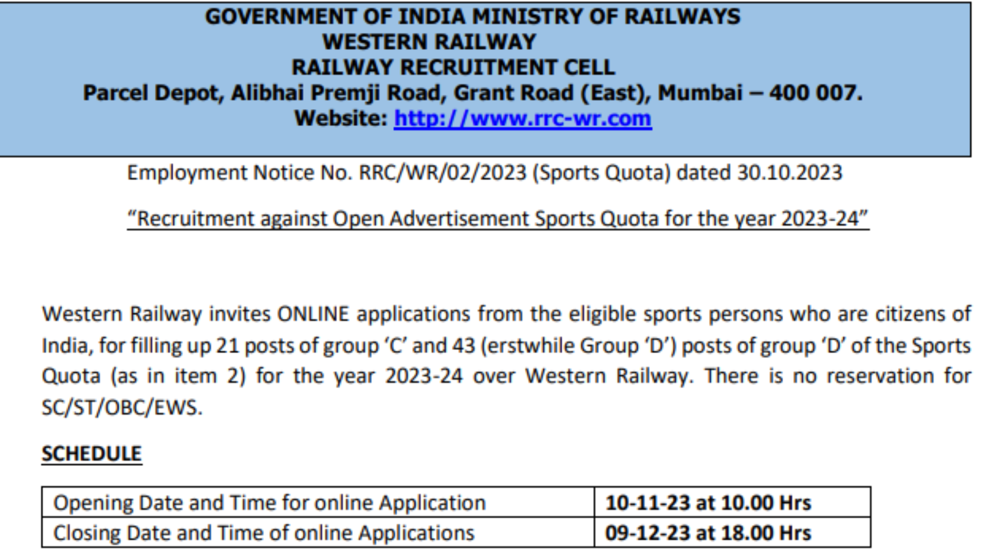 RRC WR Sports Quota Recruitment 2023 Notification and Online Application Form