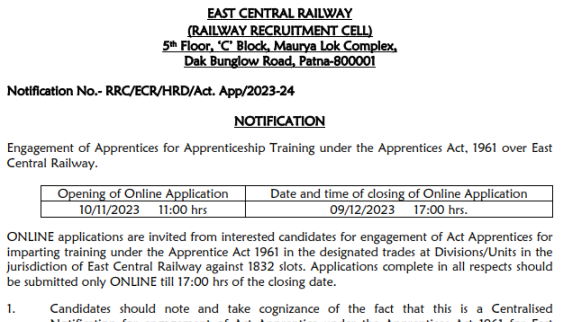 RRC ECR Apprentice Recruitment 2023 [1832 Post] Notification and Online Form