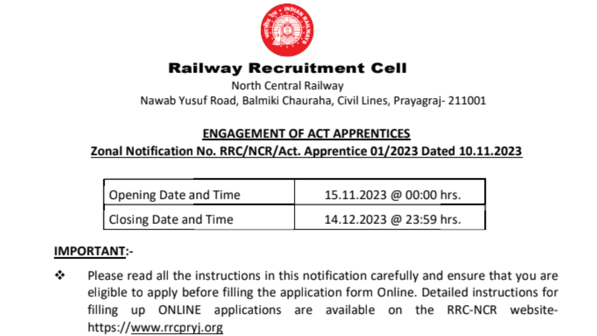 Railway RRC NCR Apprentice Recruitment 2023 [1697 Post] Notification and Online Form
