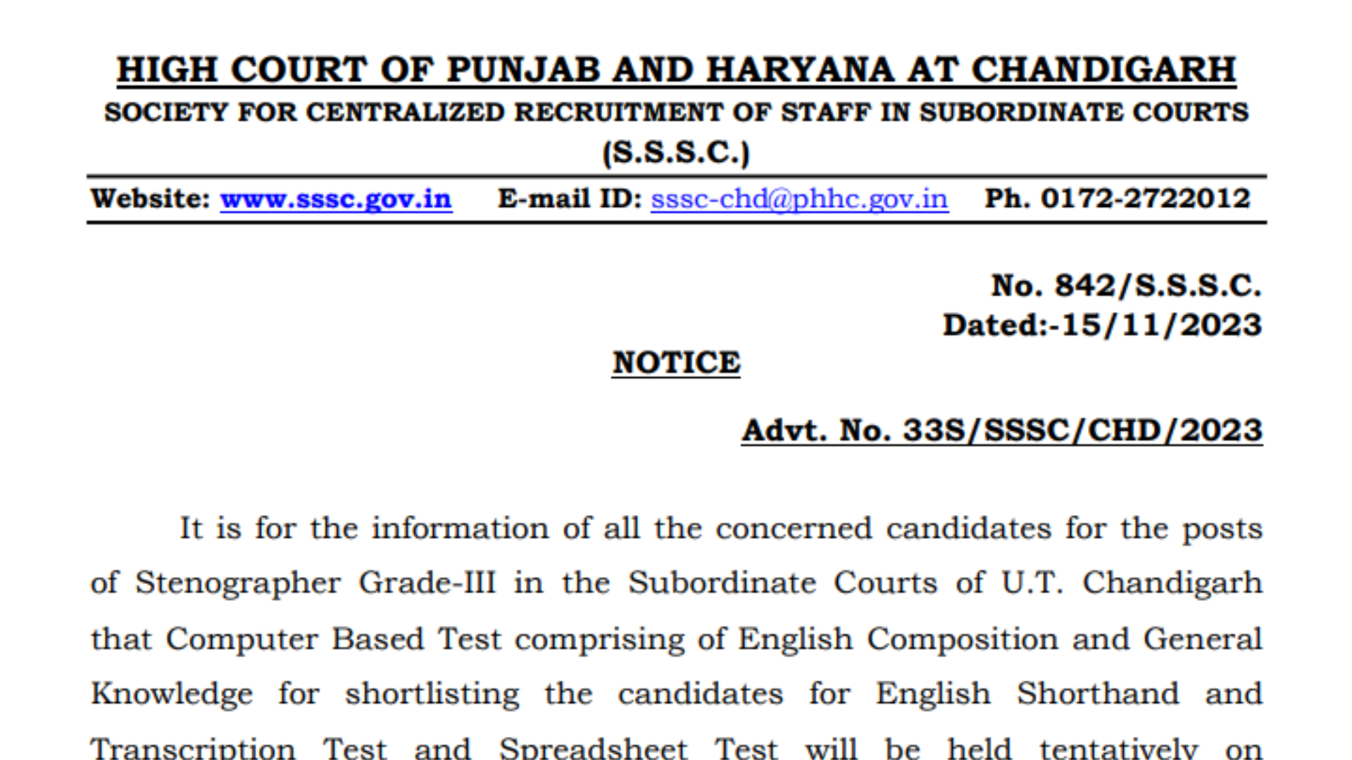 Punjab and Haryana Court Stenographer Recruitment 2023 Exam Date and Admit Card