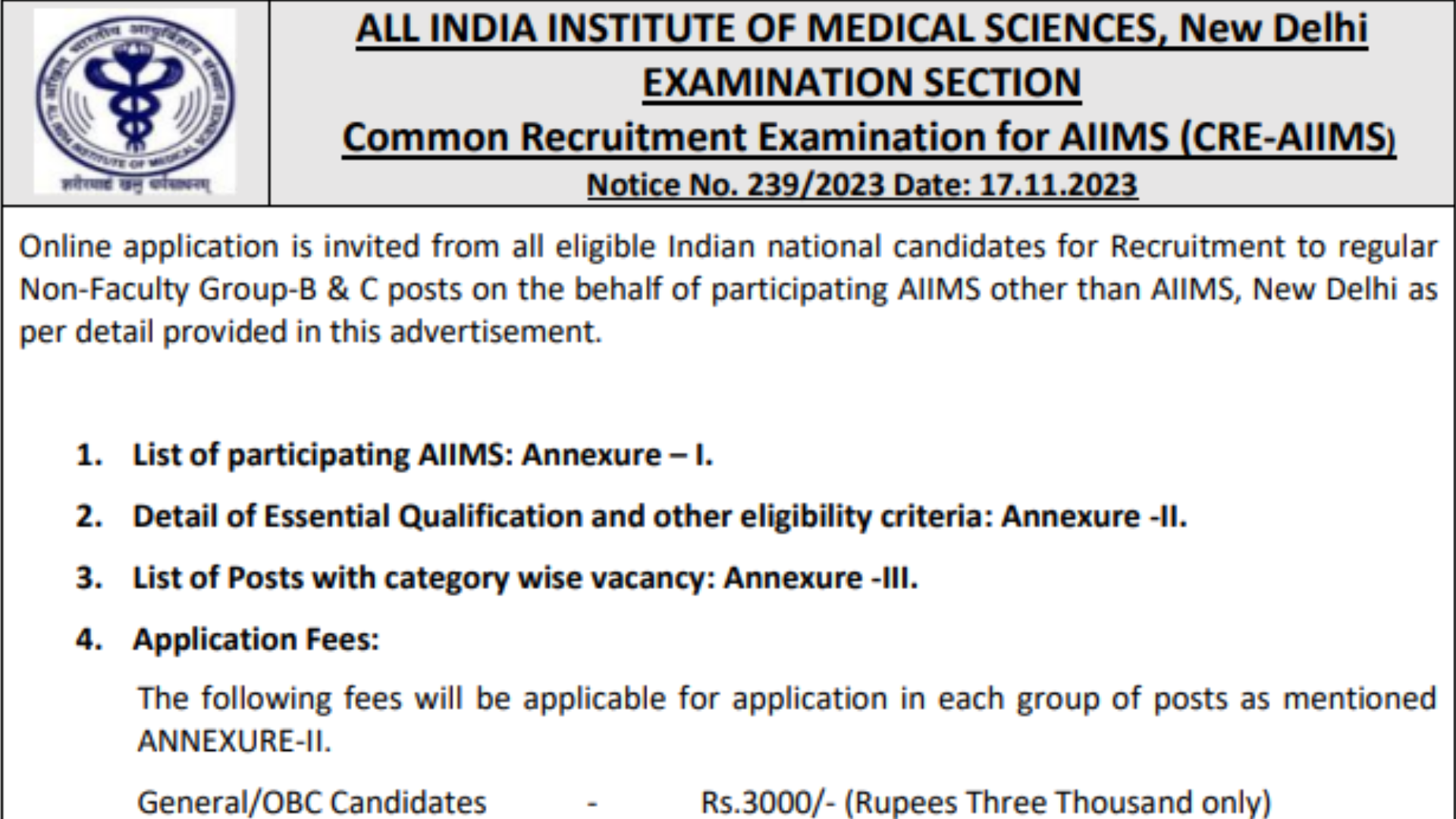 CRE AIIMS Recruitment 2023 [3036 Post] Group B, C All India Common Recruitment Exam Notification and Online Form