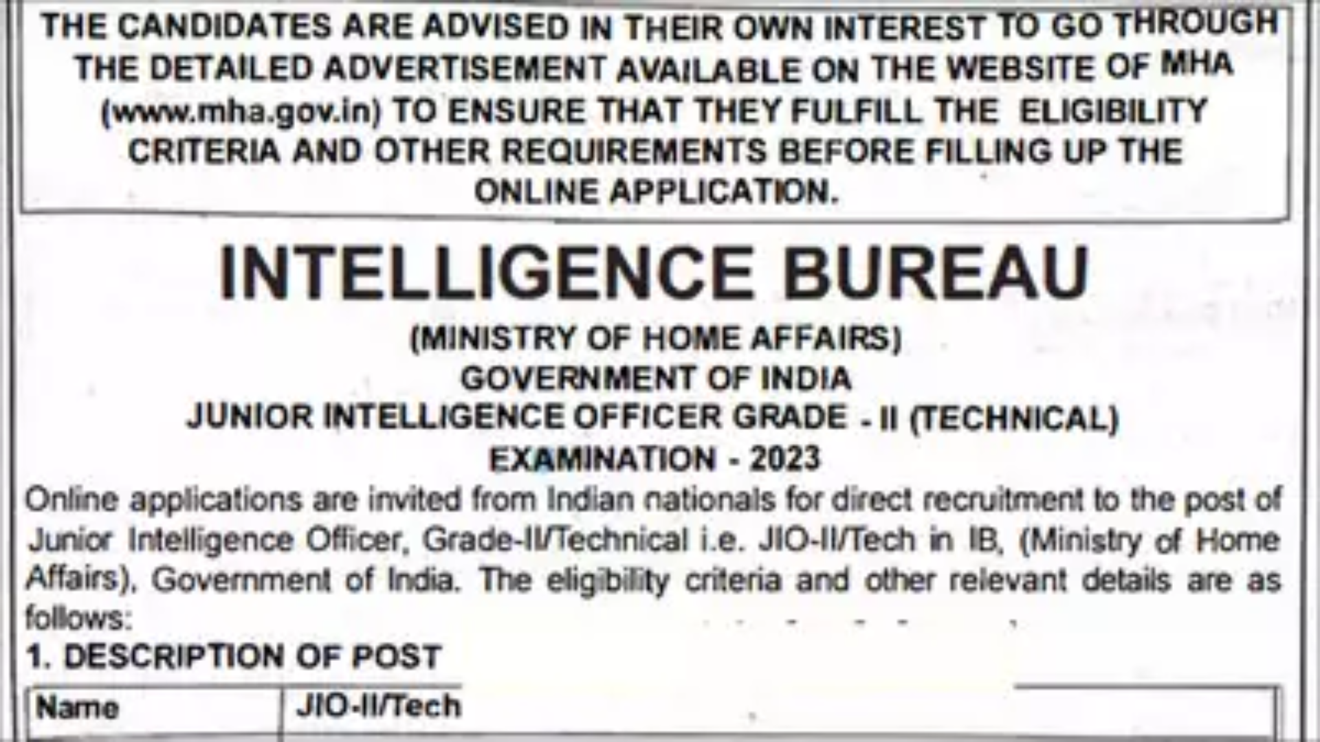 Intelligence Bureau (IB) ACIO Recruitment 2023 Notification Out for 995 Posts, Application Form Link