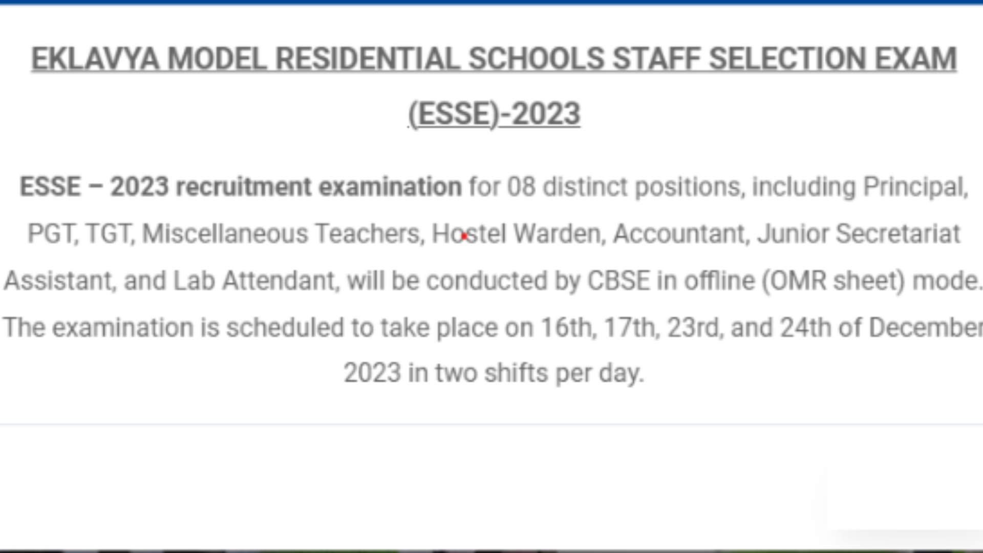 Ek Lavya Model Residential School EMRS Recruitment 2023 Exam Date / City TGT Teacher and Hostel Warden 6329 Post