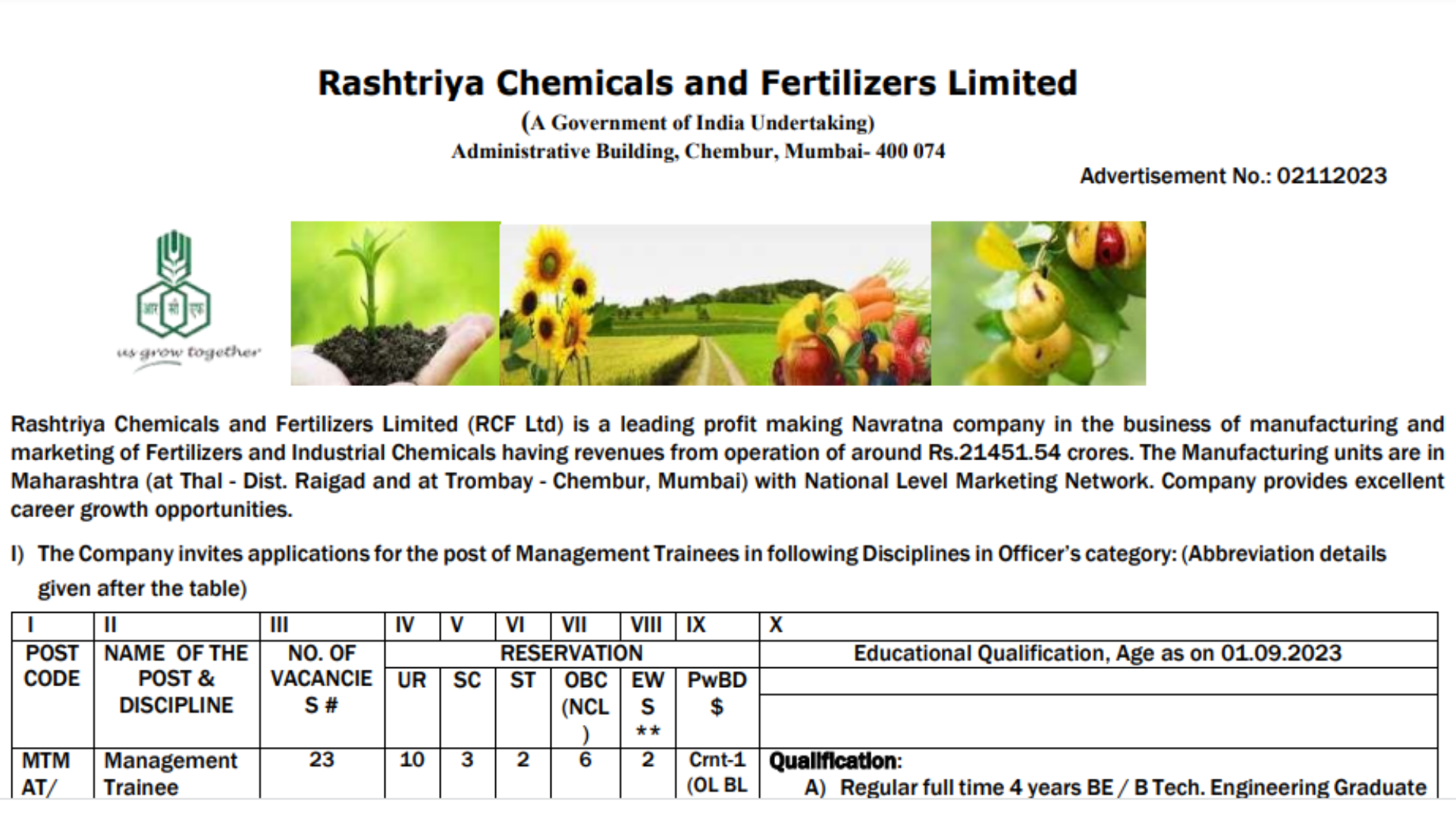 Rashtriya Chemicals and Fertilizers Limited RCF Management Trainees Material and Legal Online Form 2023