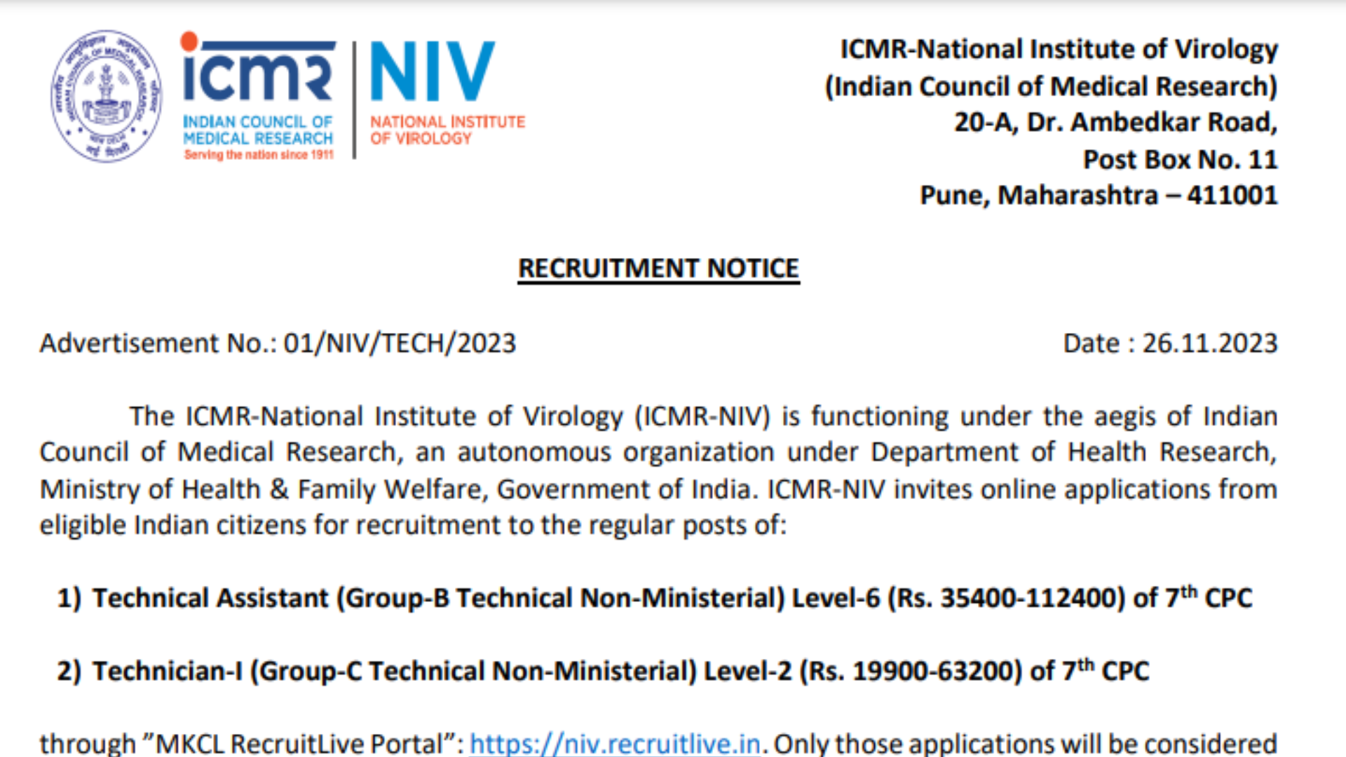 ICMR NIV Recruitment 2023 Notification and Online Application Form for Technical Posts
