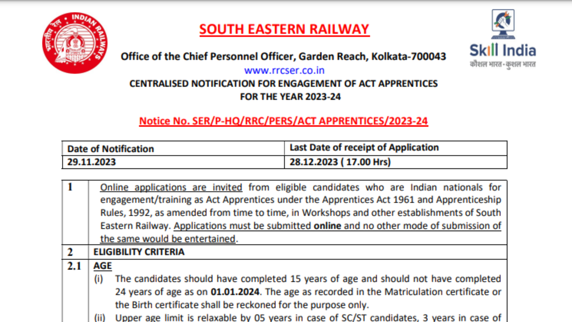 RRC SER Apprentice Recruitment 2023 [1785 Post] Notification and Online Form