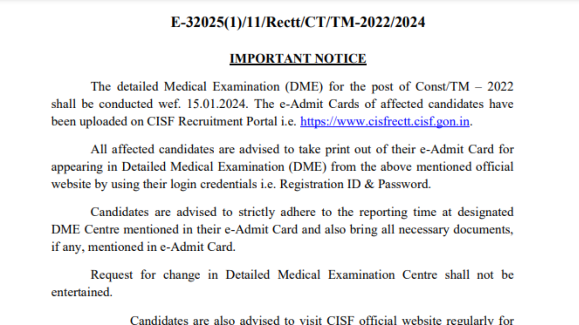 CISF Constable Tradesman Recruitment 2022 Result, DME Admit Card 2024 for 1025 Post