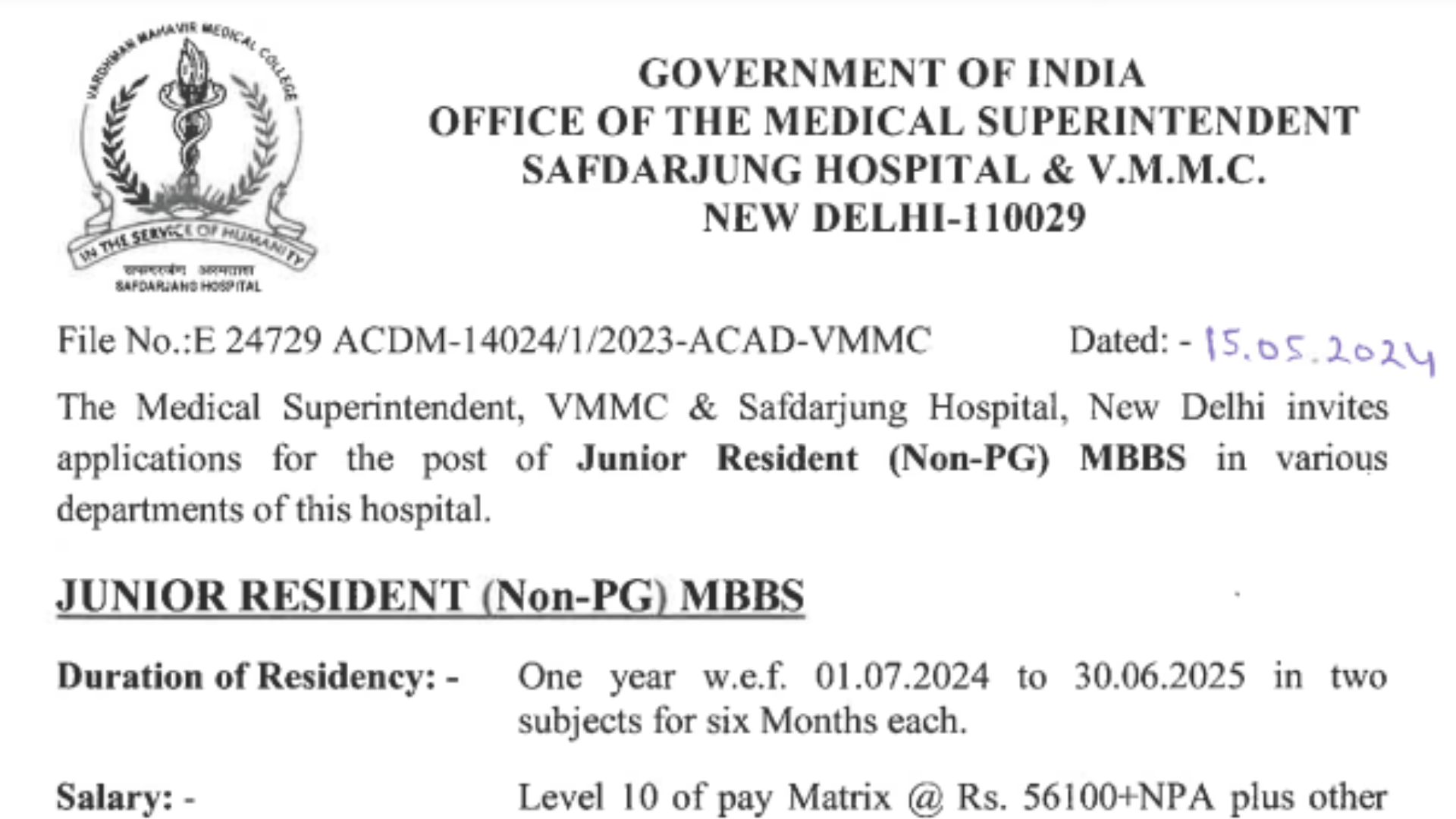 Safdarjung Hospital JR Vacancy 2024: Notificaiton, Application Form, Eligibility