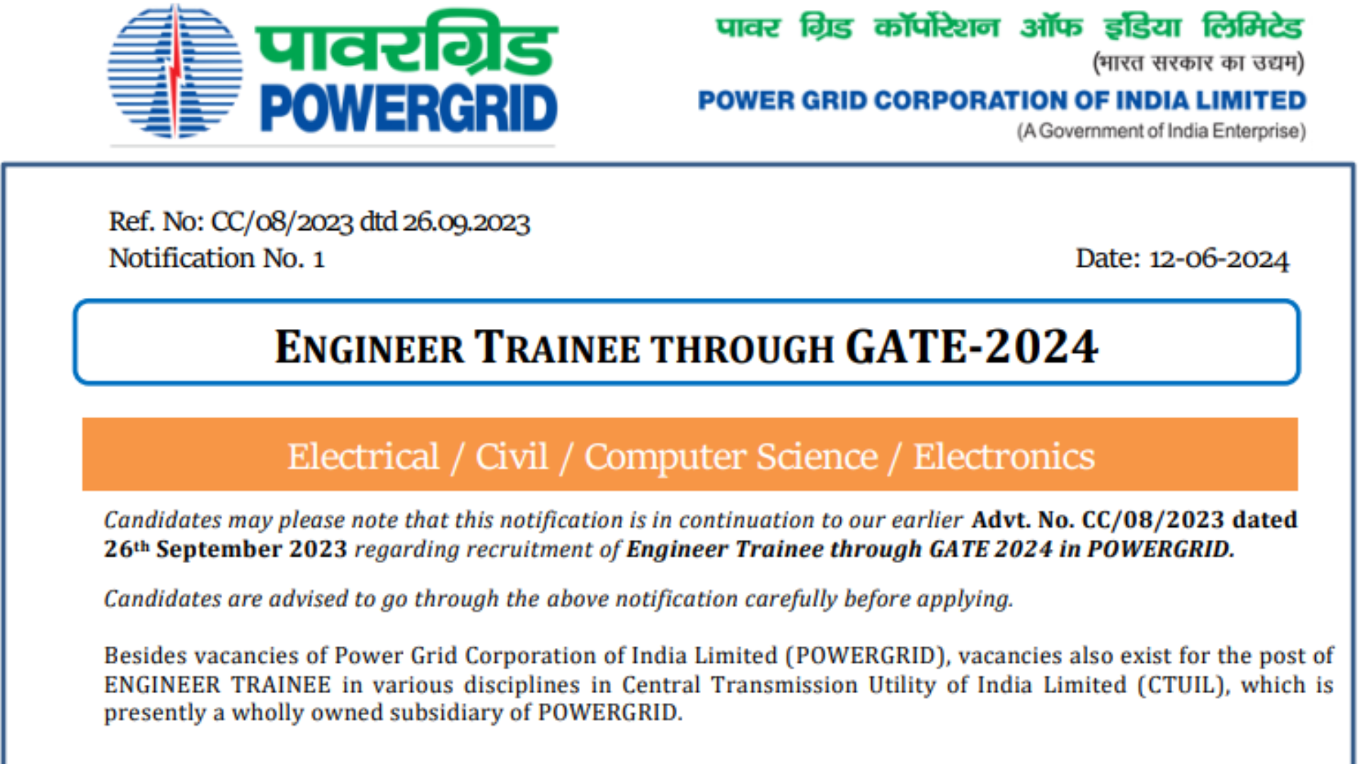 PGCIL Engineer Trainee (ET) Recruitment 2024 [381 Post] Notification and Online Form through GATE