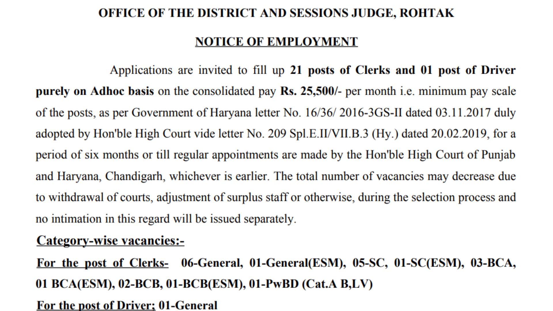 Rohtak Court Recruitment 2024 Clerk, Driver Various Posts Notification and Application Form Download