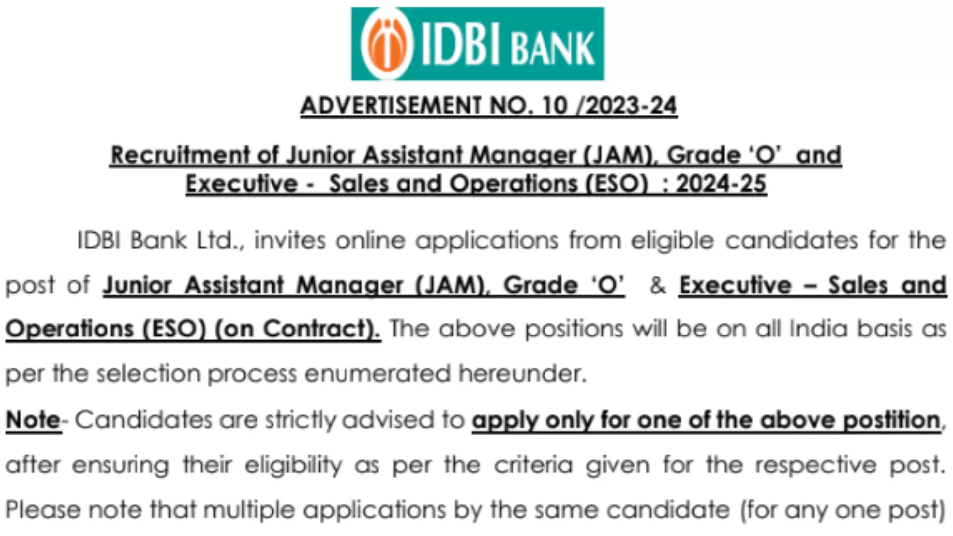 IDBI Bank JAM and Executive Recruitment 2023 [2100 Post] Notification and Online Form