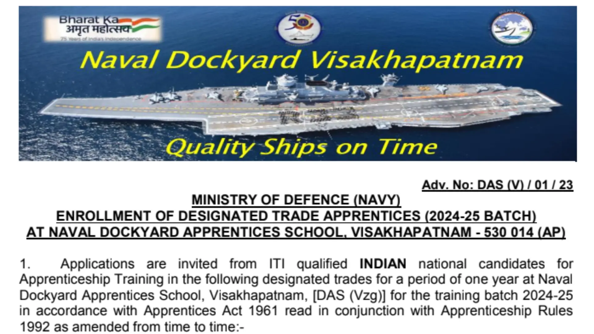 Indian Navy Apprentice Recruitment 2023 Notification and Application Form