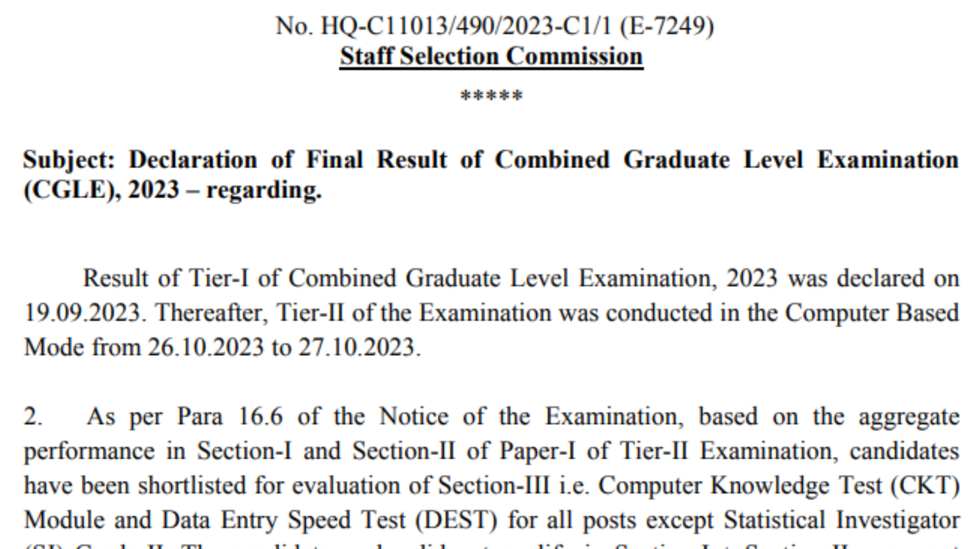 SSC Combined Graduate Level CGL Exam 2023 Final Result for 8440 Post