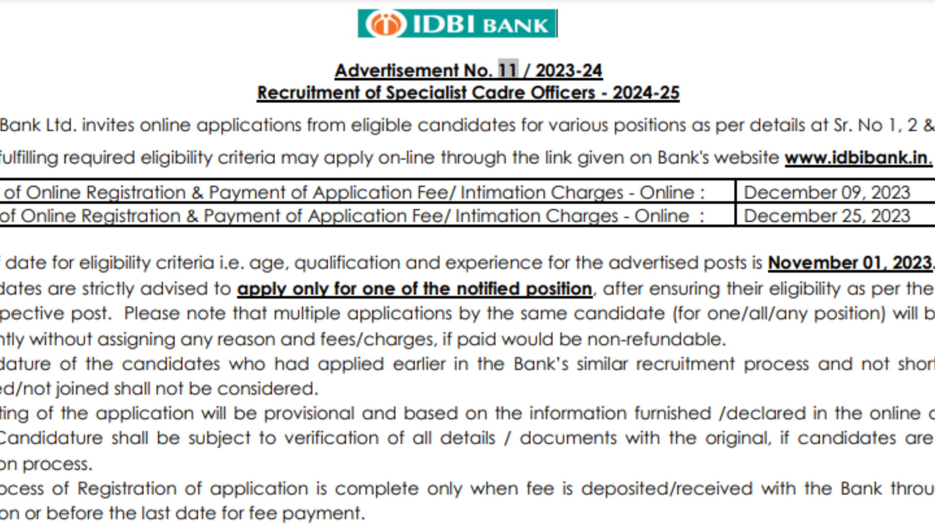 IDBI Bank SO Recruitment 2023 Notification Out for Specialist Officer Various Posts, Apply Online