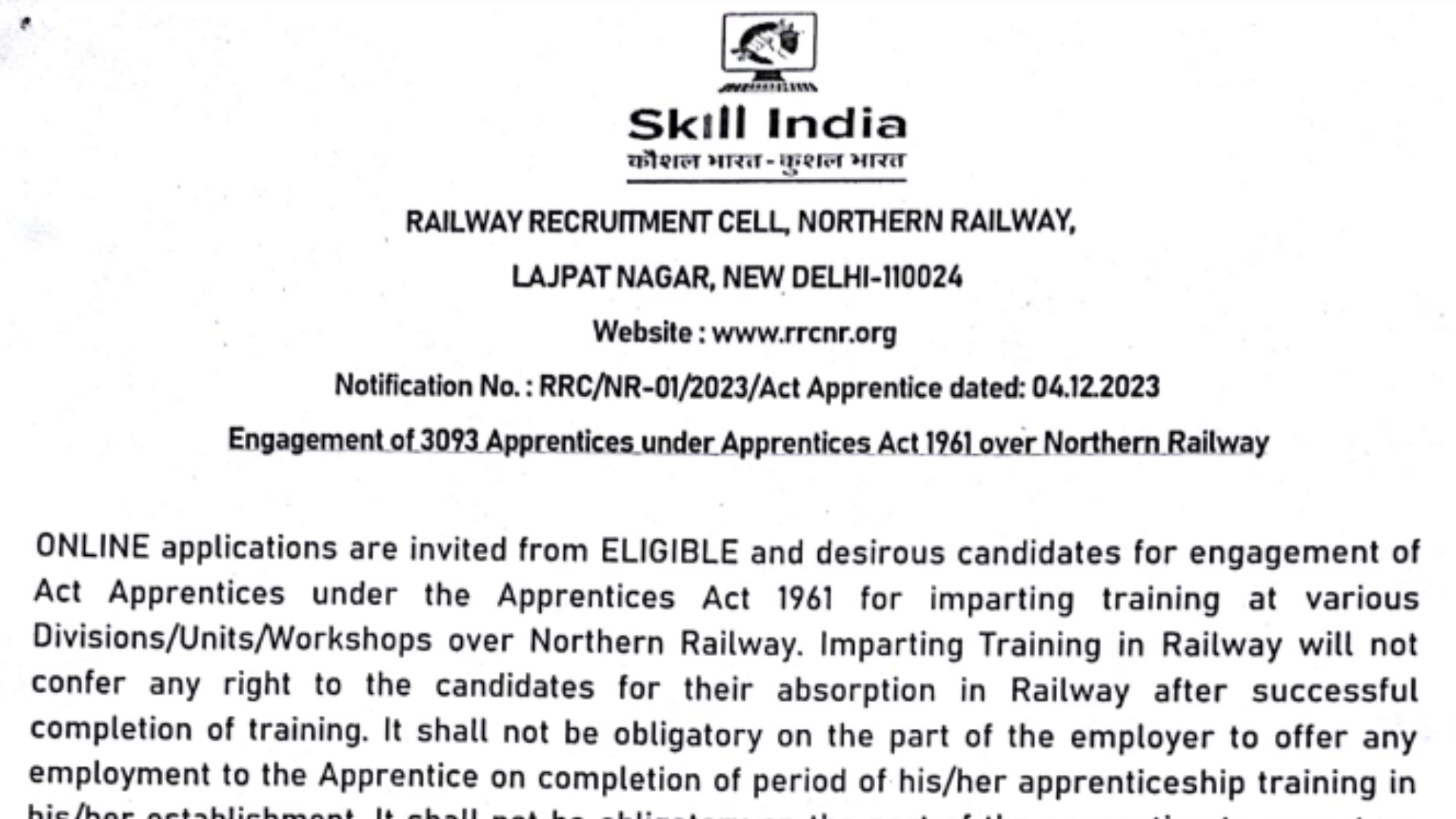 RRC NR Apprentice Recruitment 2023 [3093 Post] Notification and Online Form
