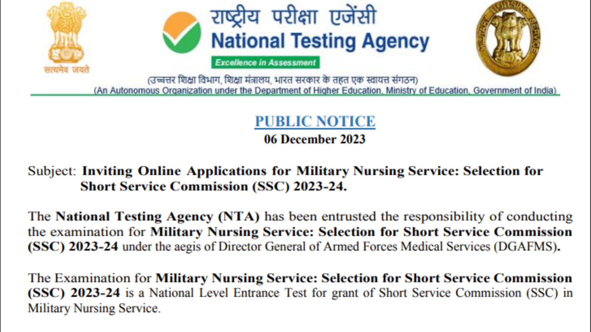 Army Military Nursing Service (MNS) Recruitment 2023 Notification Out, Apply Online