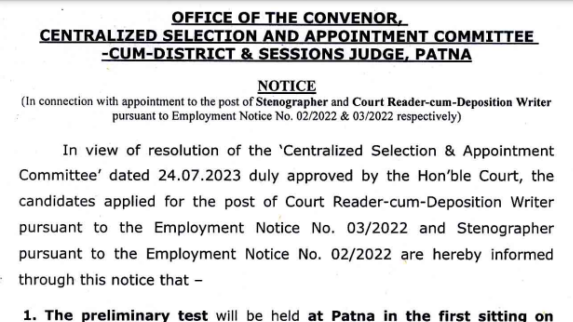 Bihar Civil Court Stenographer, Clerk, Peon and Court Reader Recruitment 2022 Admit Card for 7692 Post