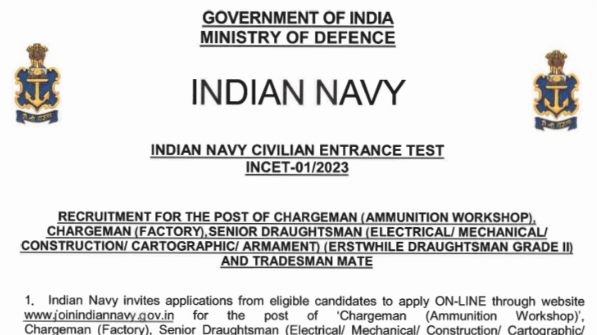 Navy INCET 1/2023 Notification Out for Chargeman, Tradesman Mate, and Draughtsman 910 Posts, Apply Online