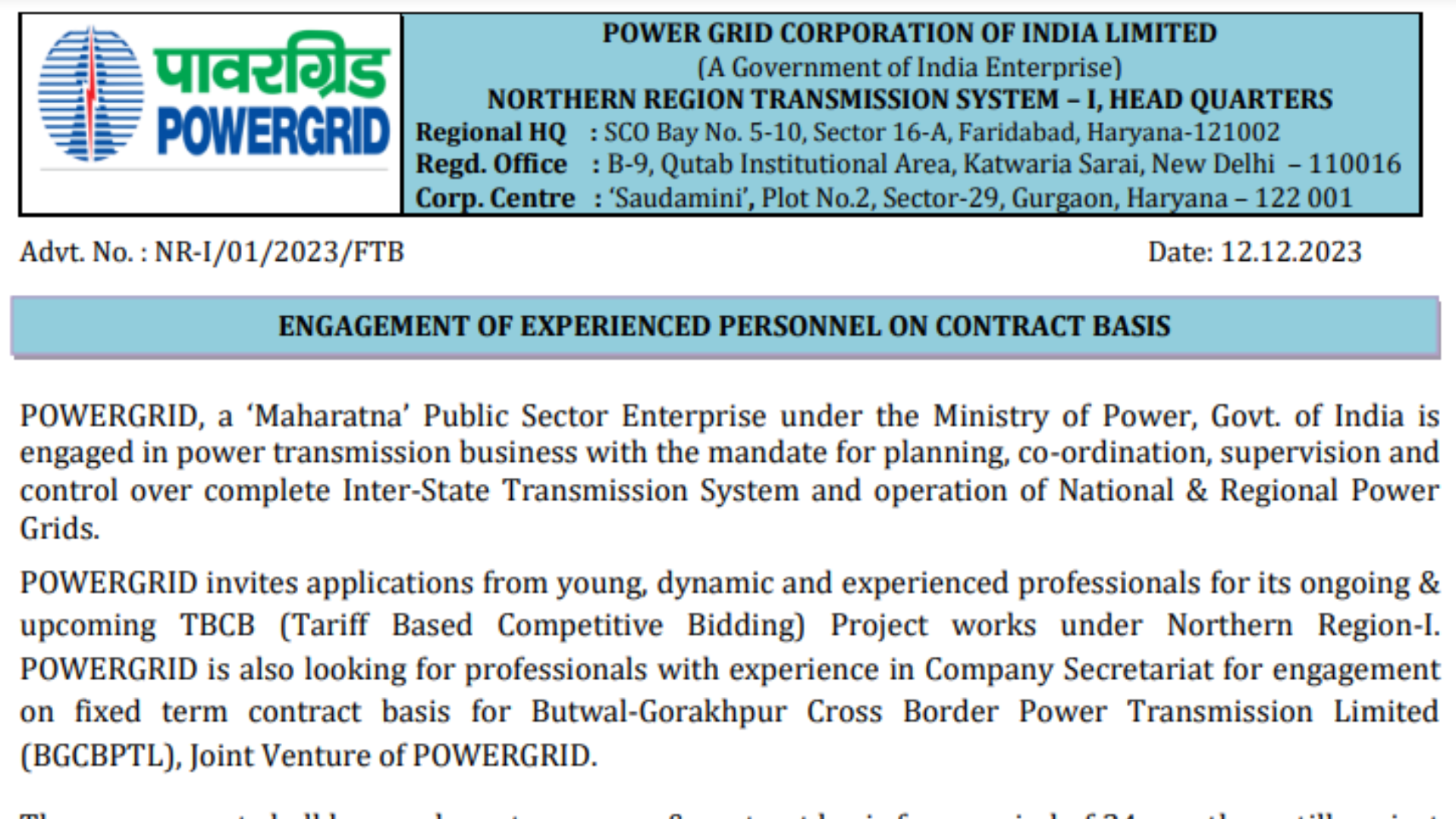 Power Grid Corporation of India Limited PGCIL Experienced Personnel (Field Engineer/Field Supervisor/Company Secretary) 2023 Apply Online for 159 Post