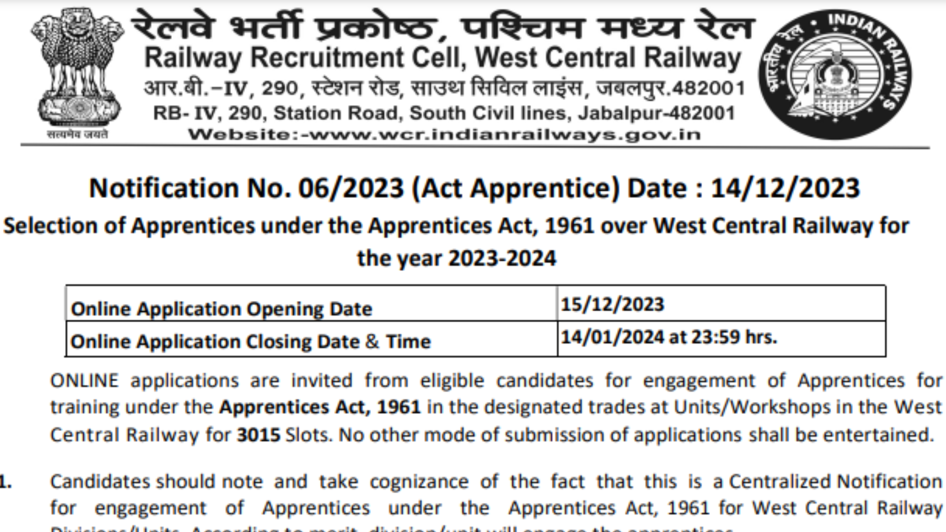 West Central Railway Region RRC WCR Jabalpur Act Apprentices Notification 2023-2024 Apply Online for 3015 Post