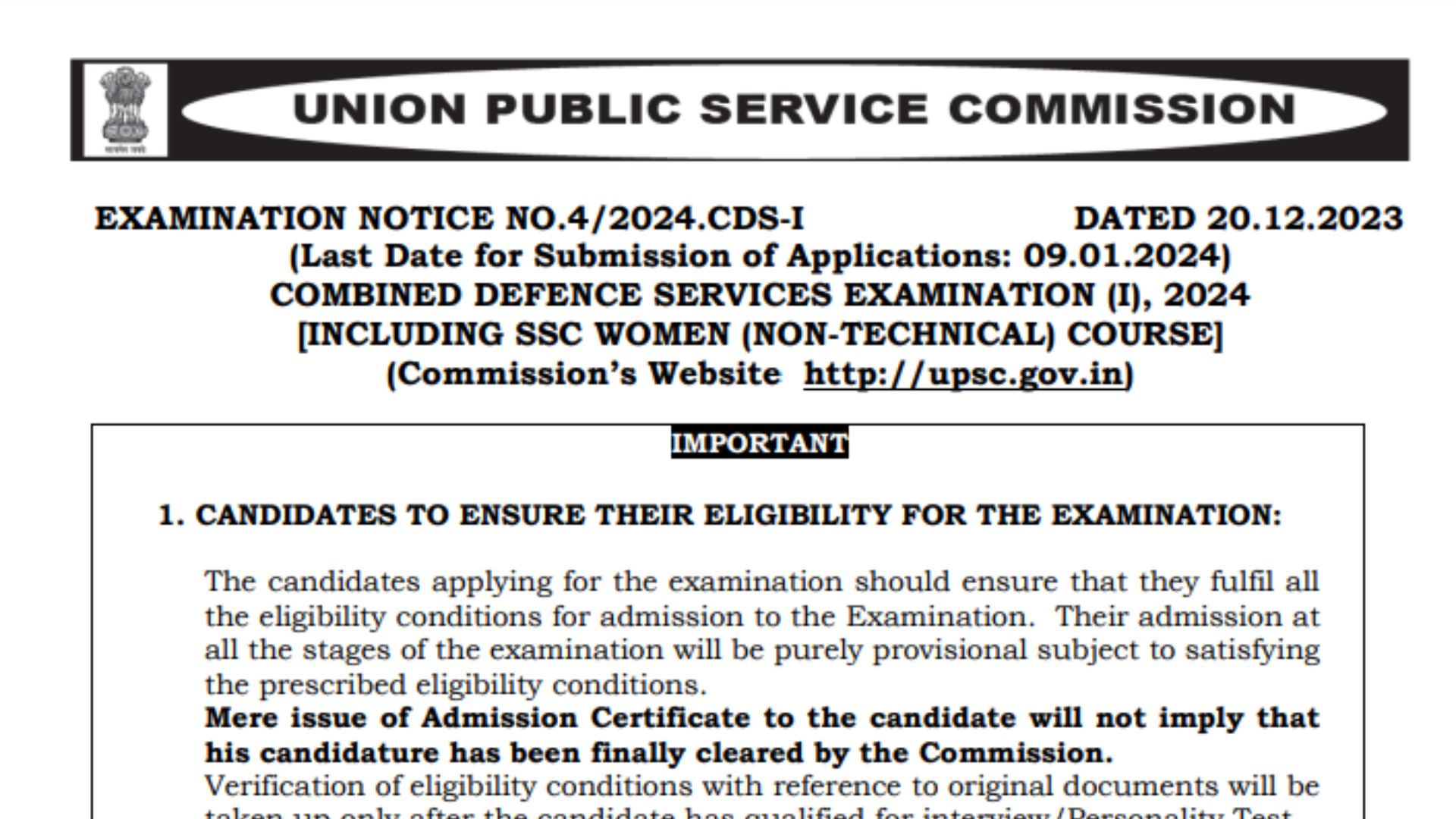UPSC CDS (1) 2024 Notification Out, Apply Online, Syllabus, Exam Date, Eligibility, etc.