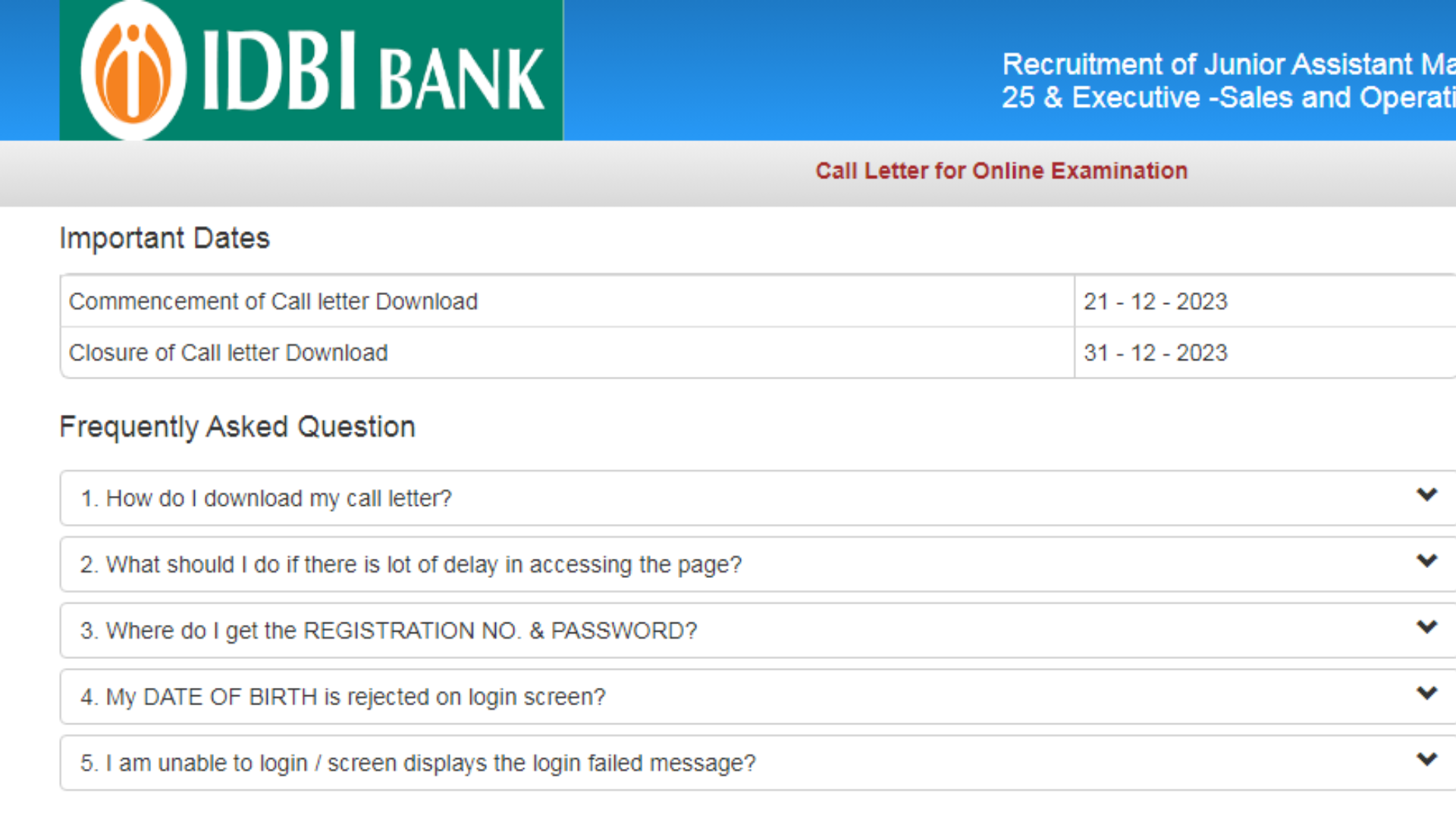 IDBI Bank Junior Assistant Manager (JAM) & Executive – Sales and Operations (ESO) Recruitment 2023 Resultfor 2100 Post
