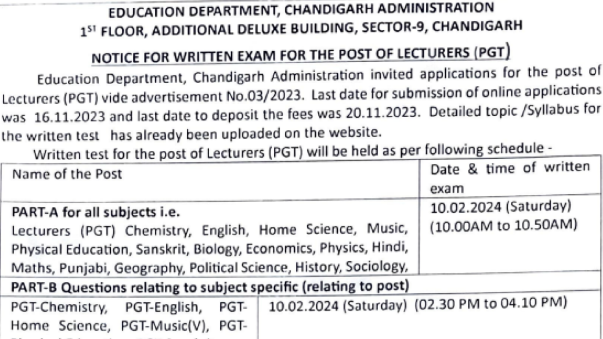 Chandigarh PGT Result 2024 Out for Written Exam, Chck Marks, DV Schedule