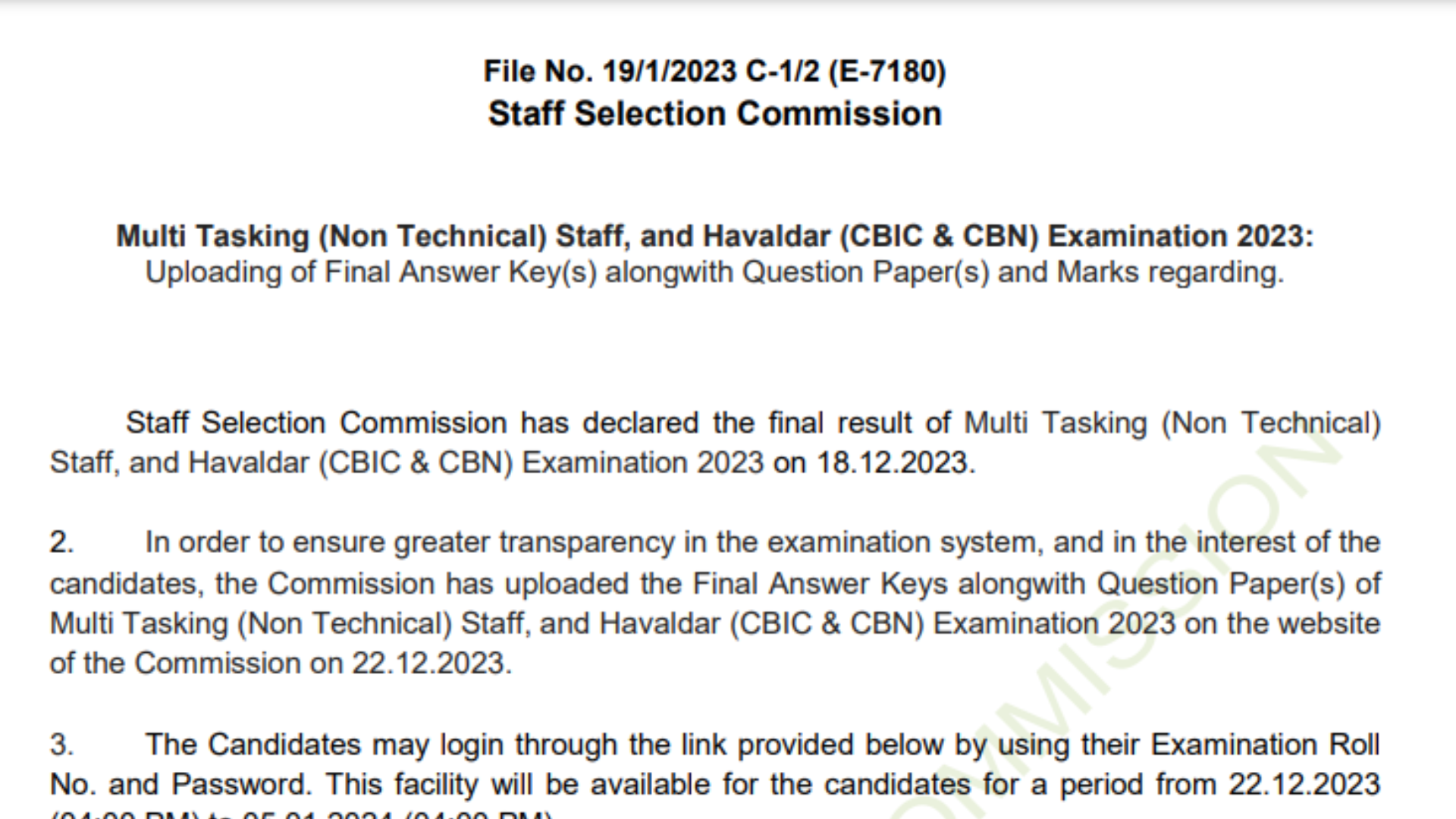 SSC Multi-Tasking (Non-Technical) Staff, and Havaldar (CBIC & CBN) Exam 2023 Final Result, Marks, Final Answer Key