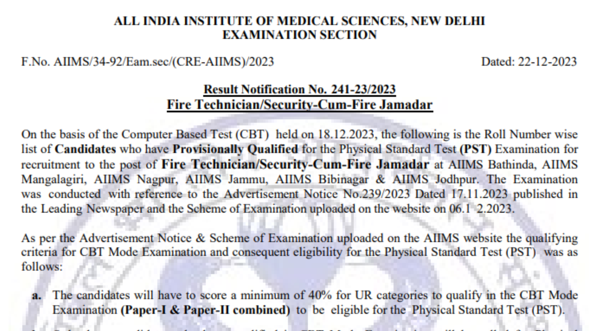 CRE AIIMS Recruitment 2023 Result Out, Download Merit List PDF