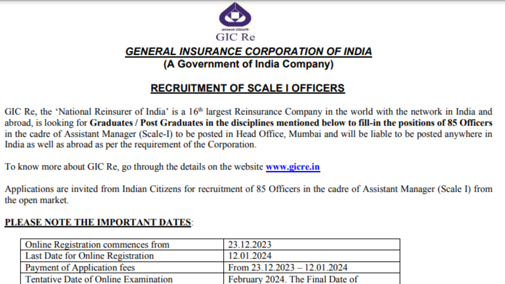 General Insurance Corporation of India Scale I Recruitment 2023 Apply Online for 85 Various Post