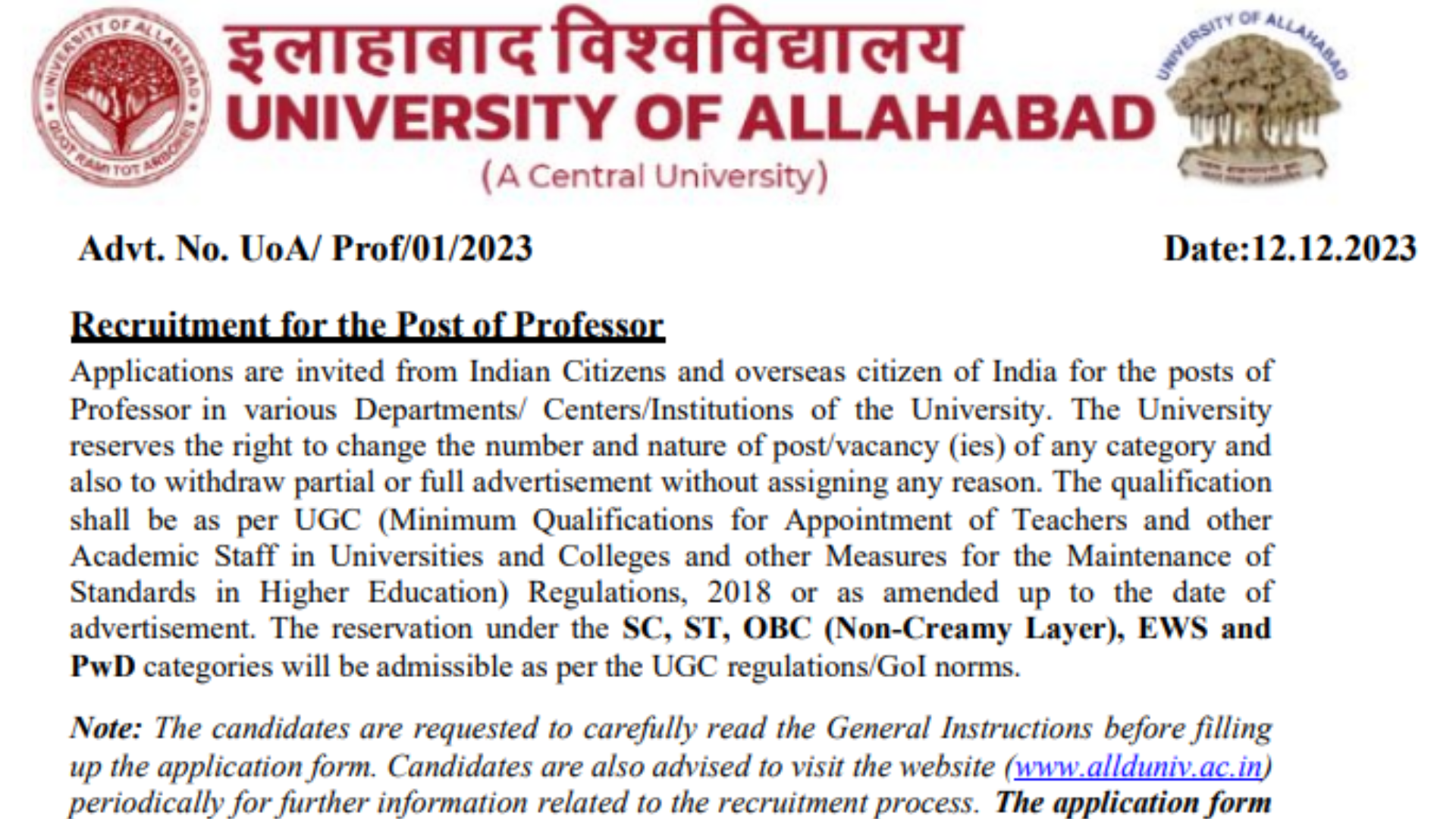 Allahabad University Professor, Assistant Professor and Associate Professor Recruitment 2023 Apply Online 539 Post