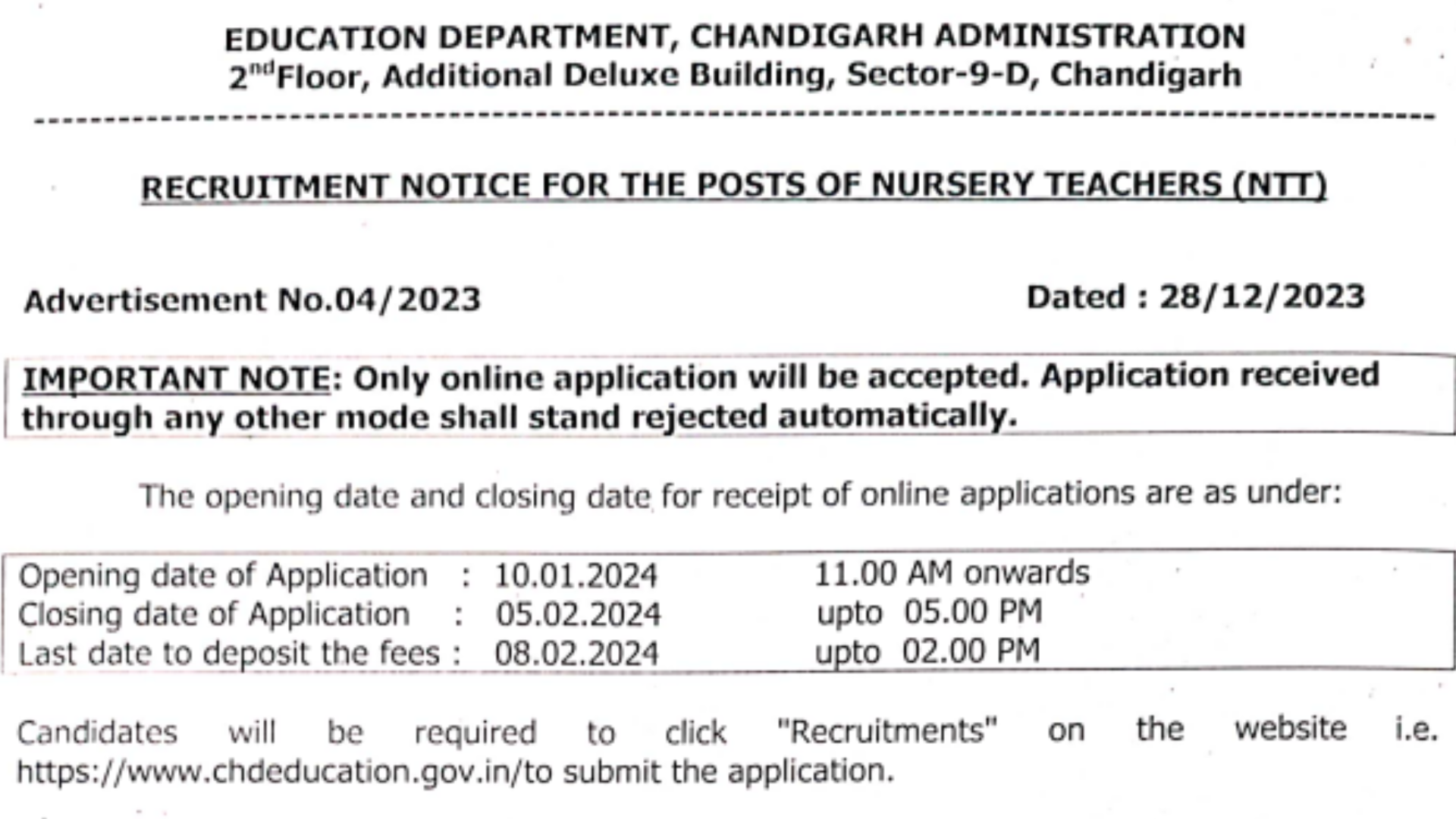 Chandigarh NTT Recruitment 2023-24 Notification and Online Application Form