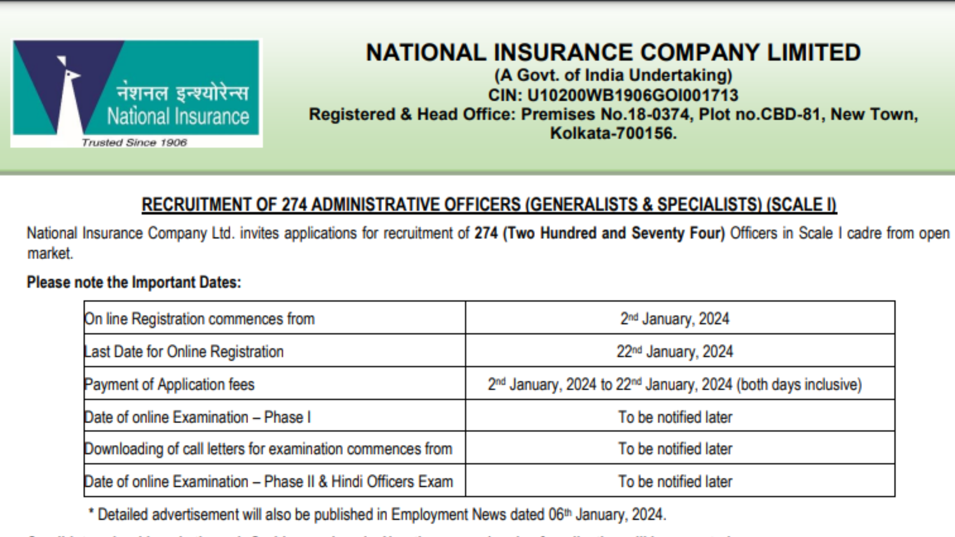 NICL AO Recruitment 2023-24 [274 Post] Notification Out for Generalist and Specialist Posts, Apply Online