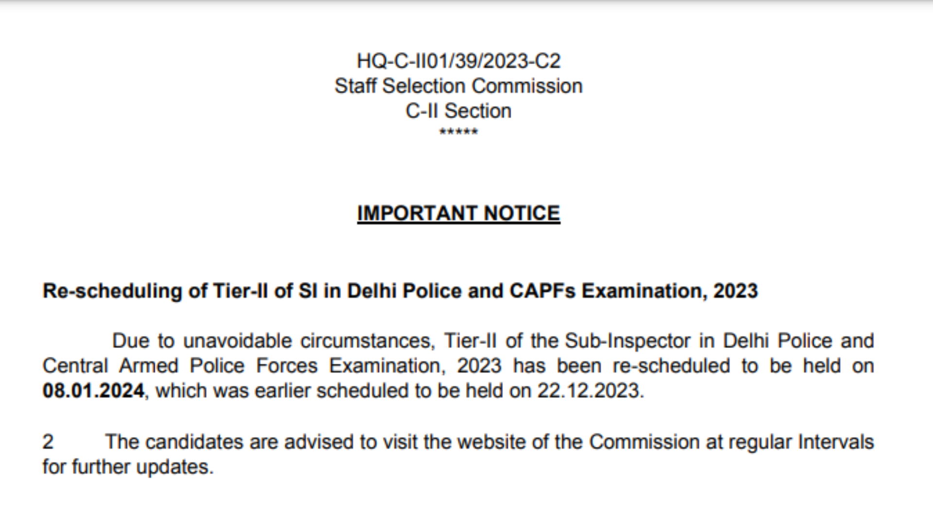 SSC Sub Inspector in Delhi Police, CAPF (CPO SI) Exam 2024 Paper II Admit Card CR MPR NR and Other Region